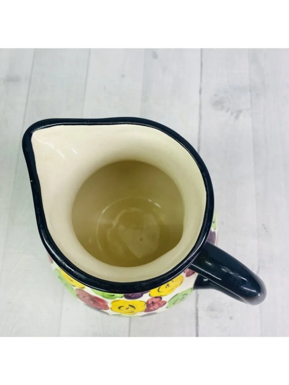 Pier 1 One MULTICOLORED FLORAL Black Trim Hand Painted Ceramic 80oz Pitcher